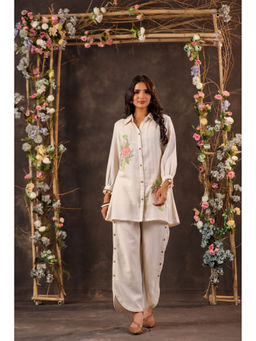 BAIRAAS - Women Embroidered Jute White Shirt Collar Co-Ord Set