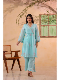 BAIRAAS - Women Embroidered Pure Blue V-Neck Co-Ord Set
