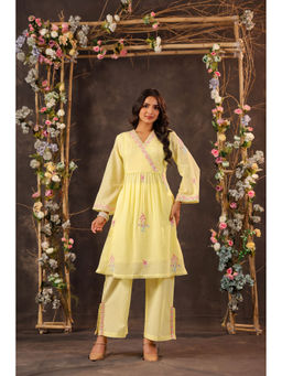 BAIRAAS - Women Embroidered Pure Yellow V-Neck Co-Ord Set