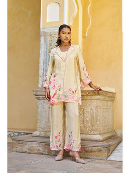 BAIRAAS - Women Printed Crepe Silk Cream Shirt Collar Co-Ord Set