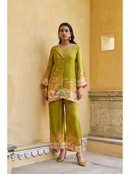 BAIRAAS - Women Printed Crepe Silk Green Shirt Collar Co-Ord Set