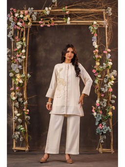 BAIRAAS - Women Embroidered Jute Beige Mandarin Collar Co-Ord Set