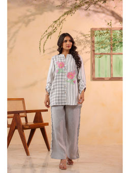 BAIRAAS - Women Embroidered Jute Grey Mandarin Collar Co-Ord Set