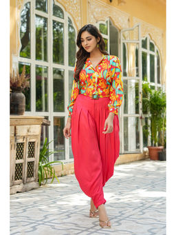 BAIRAAS - Women Printed Muslin Pink Crop Top with Dhoti and Belt