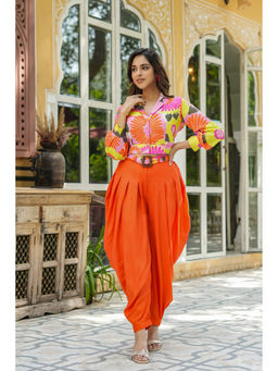 BAIRAAS - Women Printed Muslin Orange Crop Top with Dhoti