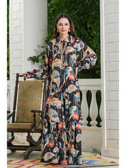BAIRAAS - Women Printed Embroidered Muslin Black Kurta with Palazzo