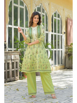 BAIRAAS - Women Printed Pure Green Mandarin Collar Co-Ord Set