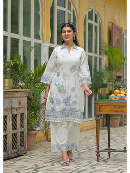 BAIRAAS - Women Printed Pure Cotton Purple Shirt Collar Co-Ord Set