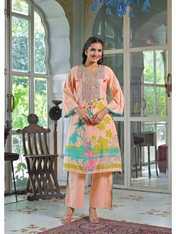 BAIRAAS - Women Printed Embroidered Pure Cotton Peach V-Neck Co-Ord Set