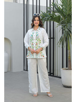 BAIRAAS - Women Embroidered Pure Cotton White Shirt Collar Co-Ord Set