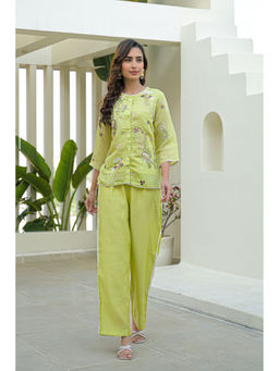 BAIRAAS - Women Embroidered Pure Cotton Green Mandarin Collar Co-Ord Set