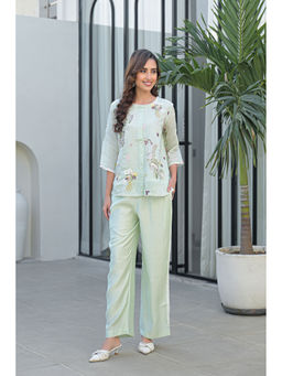 BAIRAAS - Women Embroidered Pure Cotton Green Mandarin Collar Co-Ord Set