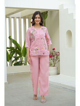 BAIRAAS - Women Embroidered Pure Cotton Pink Mandarin Collar Co-Ord Set