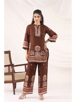 BAIRAAS - Women Printed Embroidered Muslin Silk Brown Mandarin Collar Co-Ord Set