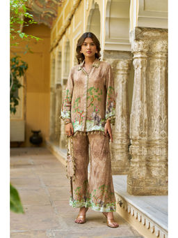 BAIRAAS - Women Printed Crepe Silk Brown Shirt Collar Co-Ord Set