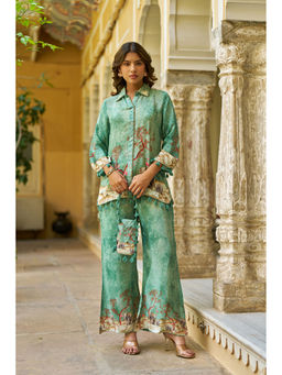 BAIRAAS - Women Printed Crepe Silk Green Shirt Collar Co-Ord Set