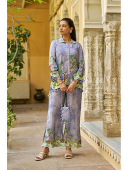 BAIRAAS - Women Printed Crepe Silk Purple Shirt Collar Co-Ord Set