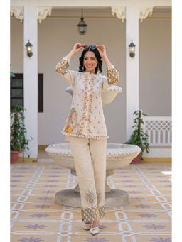 BAIRAAS - Women Printed Embroidered Jute Grey Mandarin Collar Co-Ord Set