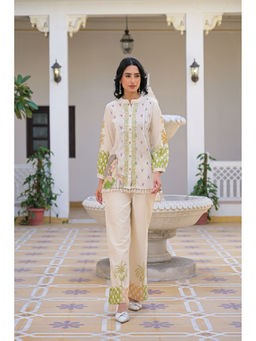 BAIRAAS - Women Printed Jute Orange Mandarin Collar Co-Ord Set