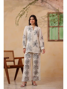BAIRAAS - Women Printed Embroidered Jute White V-Neck Co-Ord Set
