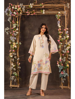 BAIRAAS - Women Embroidered Pure Cotton White Mandarin Collar Co-Ord Set