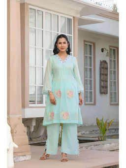 BAIRAAS - Women Embroidered Pure Blue V-Neck Co-Ord Set