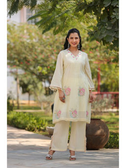BAIRAAS - Women Embroidered Pure Cream V-Neck Co-Ord Set