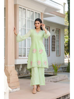 BAIRAAS - Women Embroidered Pure Green V-Neck Co-Ord Set