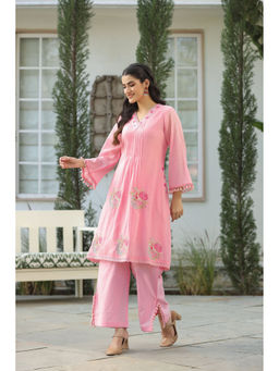 BAIRAAS - Women Embroidered Pure Pink V-Neck Co-Ord Set