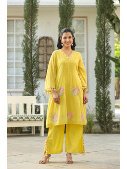 BAIRAAS - Women Embroidered Pure Yellow V-Neck Co-Ord Set
