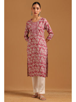 Soch - Onion Pink Chanderi Digital Printed Botanical Zari Embroidery Kurta