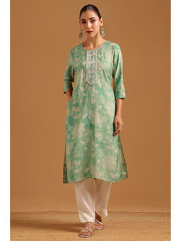 Soch - Turquoise Blue Chanderi Digital Printed Botanical Zari Embroidery Kurta