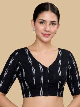 Studio Shringaar - Black Women Cotton Ikat Stretchable Readymade Saree Blouse