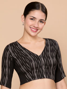 Studio Shringaar - Black Women Cotton Ikat Stretchable Readymade Saree Blouse