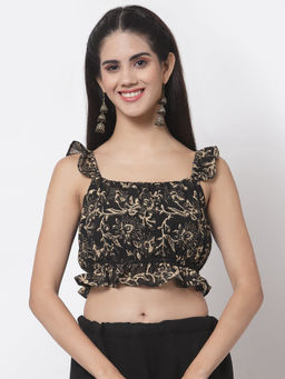Studio Rasa - Black Georgette Hand Block Printed Ruffle Readymade Blouse