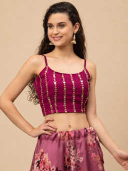 Studio Rasa - Purple Georgette Embroidered Spaghetti Readymade Blouse
