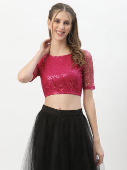 Studio Rasa - Pink Net Sequin Embroidered Readymade Blouse
