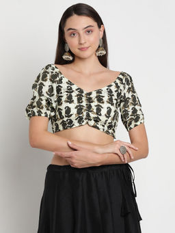 Studio Rasa - Off White Cotton Printed Puff Sleeves Blouse