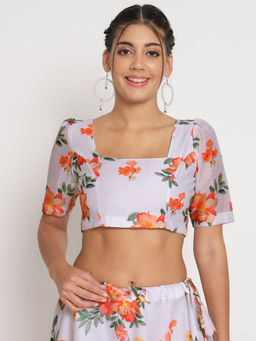 Studio Rasa - White Chanderi Printed Puff Sleeves Readymade Blouse