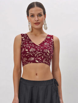 Studio Rasa - Maroon Viscose Block Printed Back Hook Readymade Blouse