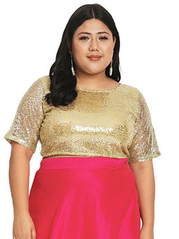 Studio Rasa - Gold Plus Size Net Sequin Embroidered Blouse