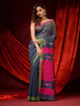 CHARUKRITI - Pewter Grey Cotton Silk Ethnic Motifs and Sequin Pallu Saree with Unstitched Blouse
