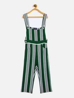 CRIMSOUNE CLUB - Girls Green Striped Shoulder Straps Jumpsuit