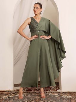 Miss Chase - Luxe Women Embellished Satin Jumpsuit in Pale Olive with Draped Pleats