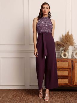Miss Chase - Women Dark Purple Halter Neck Embellished Regular-Length Jumpsuit