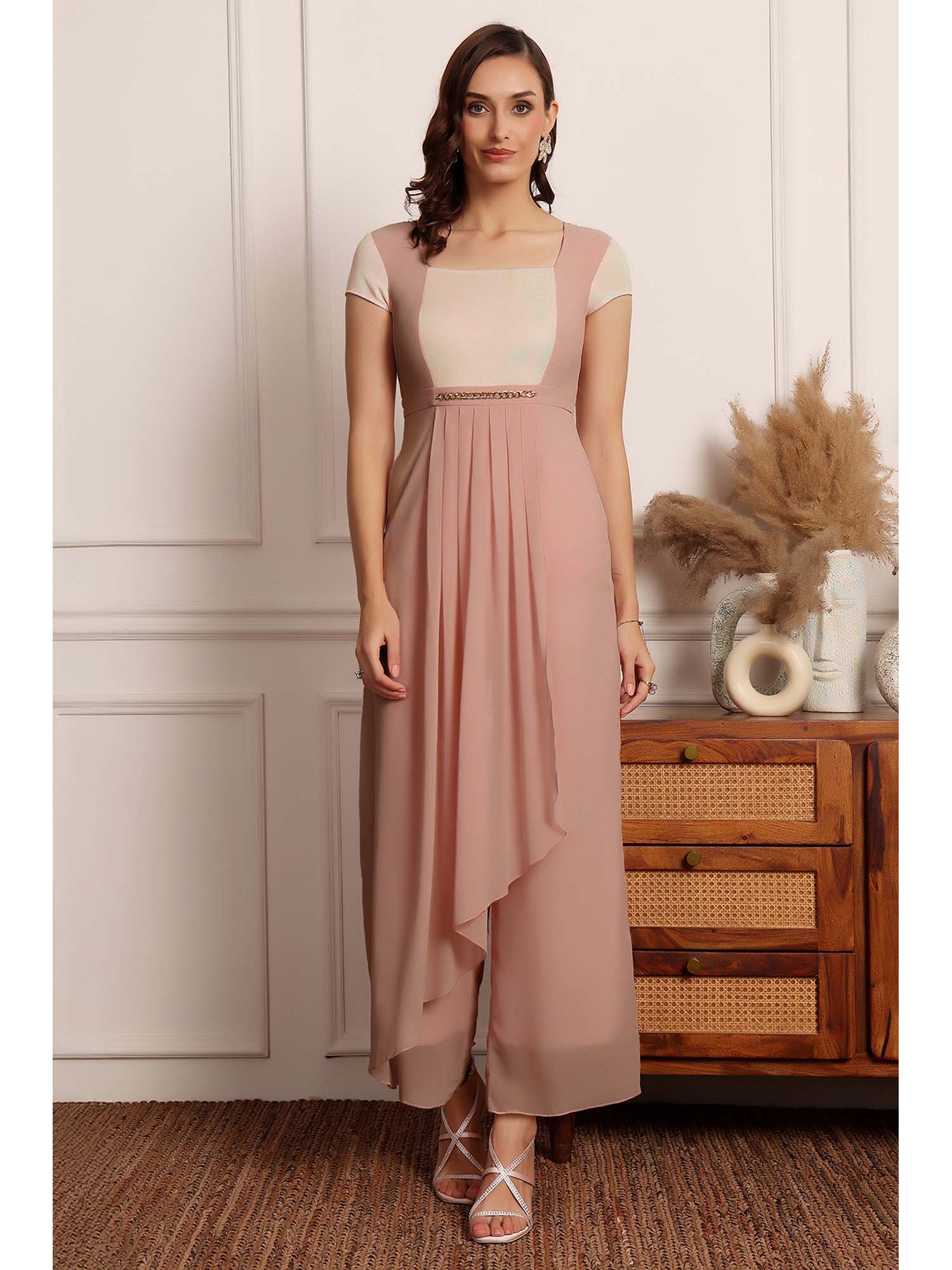 miss chase Women Dusty Peach Square Neck Short Sleeve Embellished Pleated Jumpsuit-picture-11