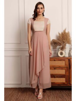 Miss Chase - Women Dusty Peach Square Neck Short Sleeve Embellished Pleated Jumpsuit