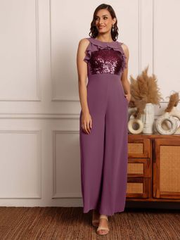 Miss Chase - Women Purple Sleeveless Embellished Ruffle-Styled Regular-Length Jumpsuit