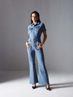 Miss Chase - Women Blue Flared High Rise Regular Stretchable Denim Jumpsuit