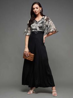Miss Chase - Women Base Black V-Neck Floral Wide Leg Regular Jumpsuit